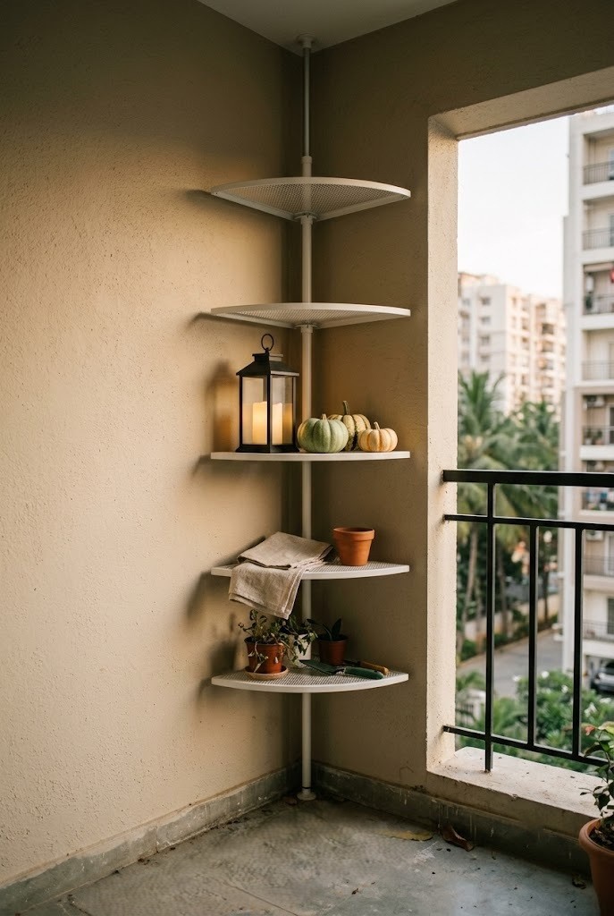 Tension-mounted corner shelf with a lantern and mini pumpkins on a balcony