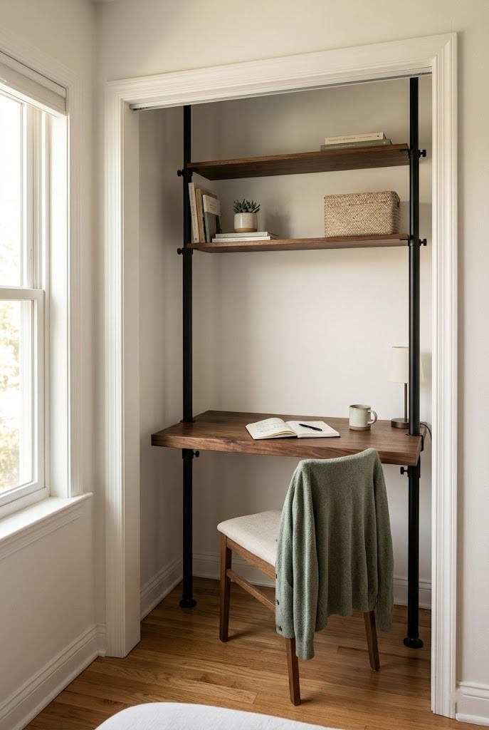 Closet office for renters with a walnut shelf desk on tension poles