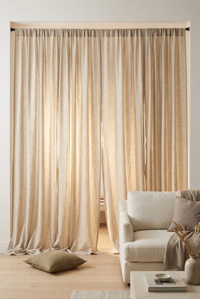Floor-to-ceiling linen curtain panels on a tension rod covering a living room alcove wall