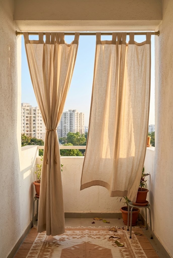 Tension rod with oatmeal outdoor curtains adding apartment balcony fall decor privacy