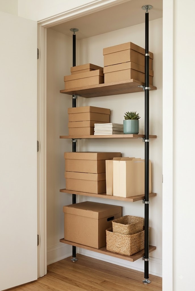 Tension-rod shelving tower for supplies inside a reach-in closet