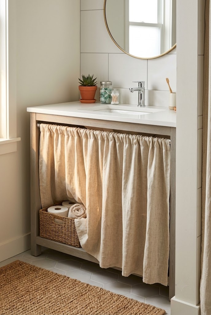 Linen skirt on a tension rod hiding plumbing under an open rental bathroom vanity