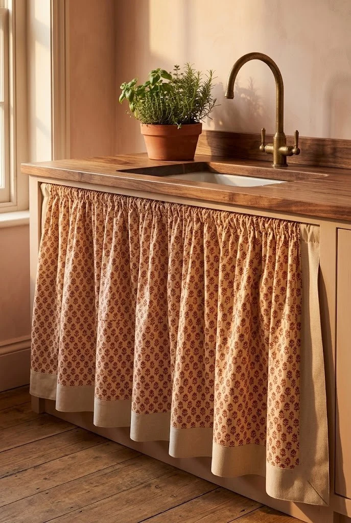 Terracotta block print cabinet skirt with a grosgrain ribbon border under a brass tap