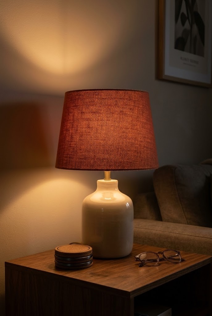 Table lamp with a rust terracotta fabric shade warming the light in a dim living room corner