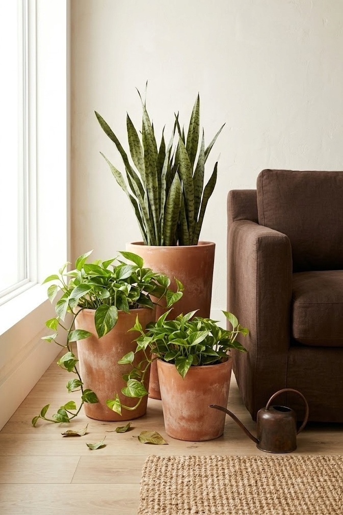 Trio of terracotta planters with houseplants beside a dark sofa arm