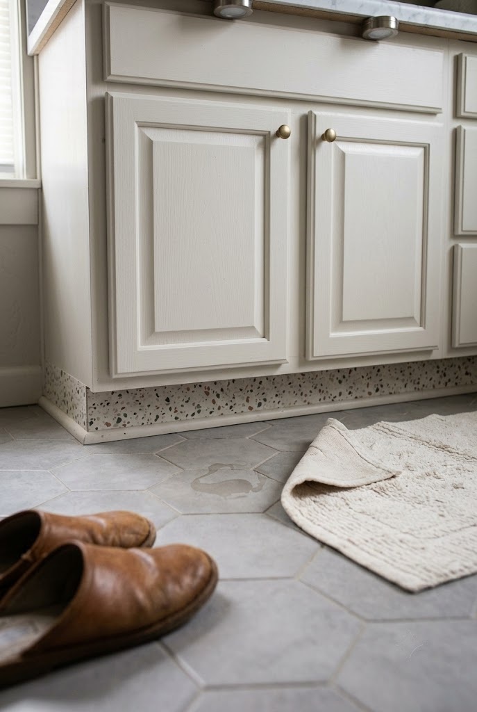 Terrazzo peel and stick vinyl applied to the toe-kick strip of a bathroom vanity