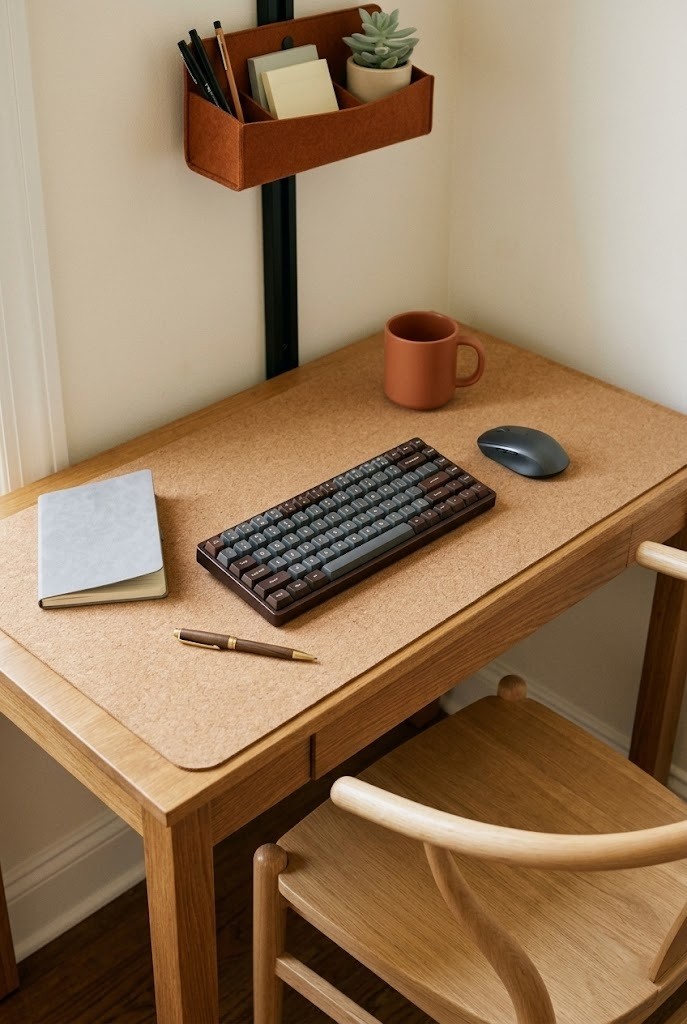 Large textured desk mat in a warm camel tone across a small desk with keyboard and mouse