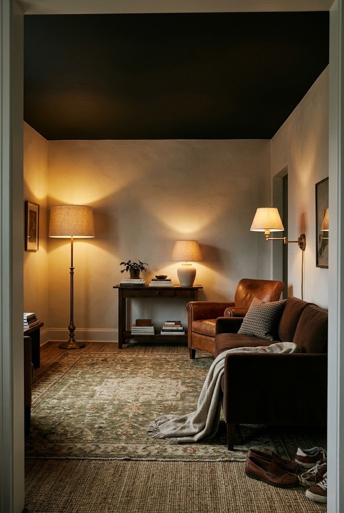 Living room lit by floor, table and wall lamps at three different heights