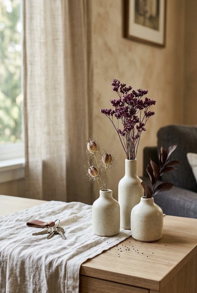 Three ceramic bud vases holding plum statice, nigella pods and dark ruscus on an oak console