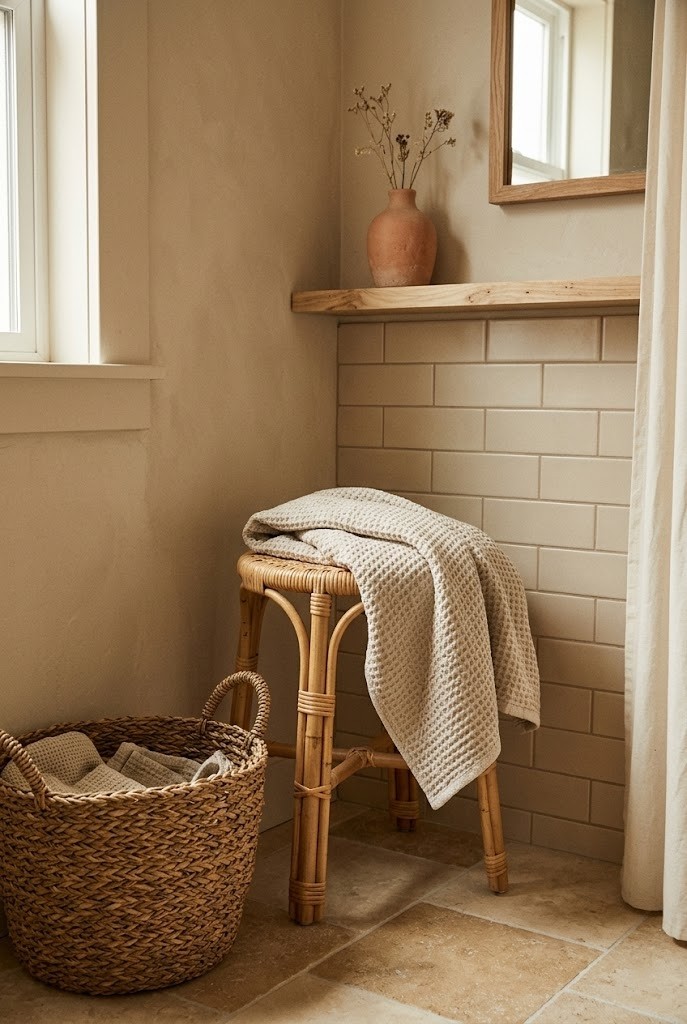 Rattan stool, basket, and waffle towel layering warm textures in a beige bathroom