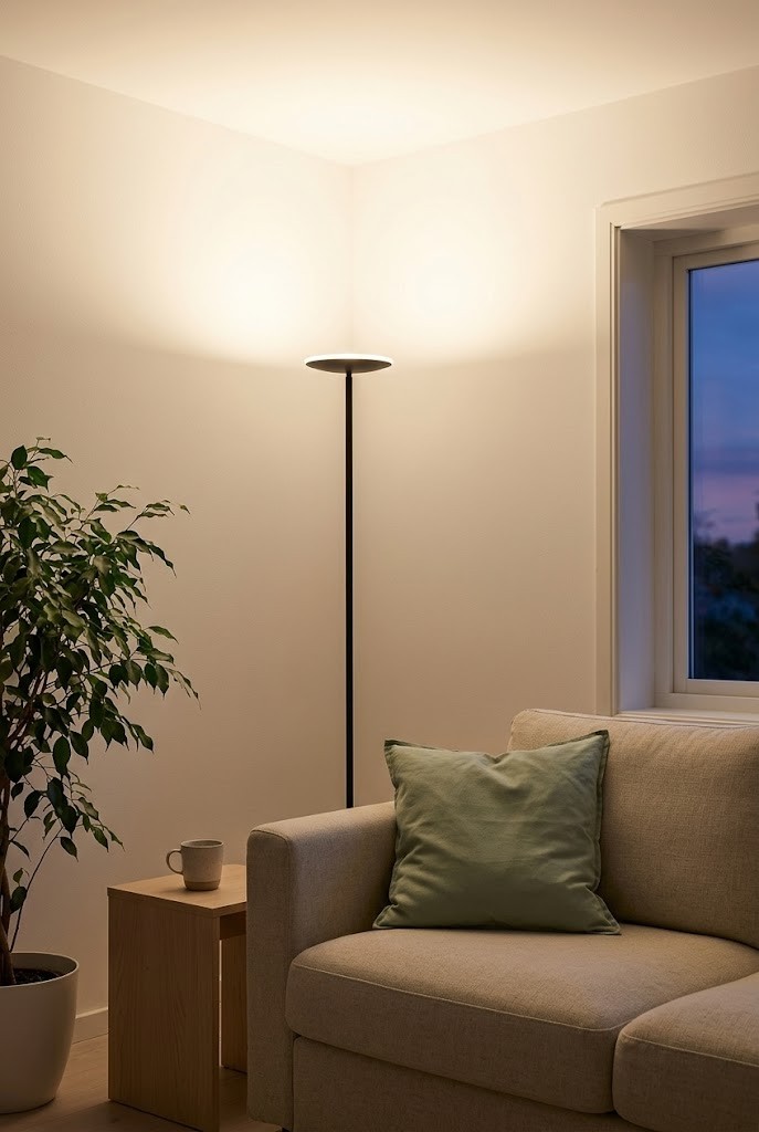 Torchiere floor lamp bouncing light off the ceiling in a cozy corner