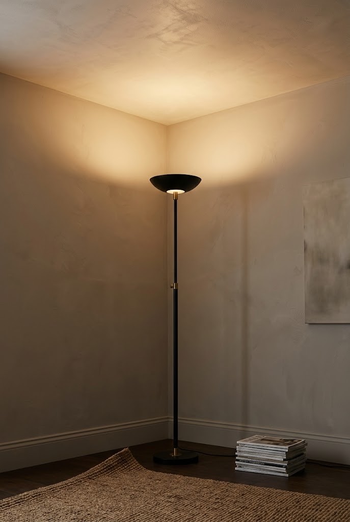 Moody living room lighting from a torchiere floor lamp bouncing warm glow off the ceiling