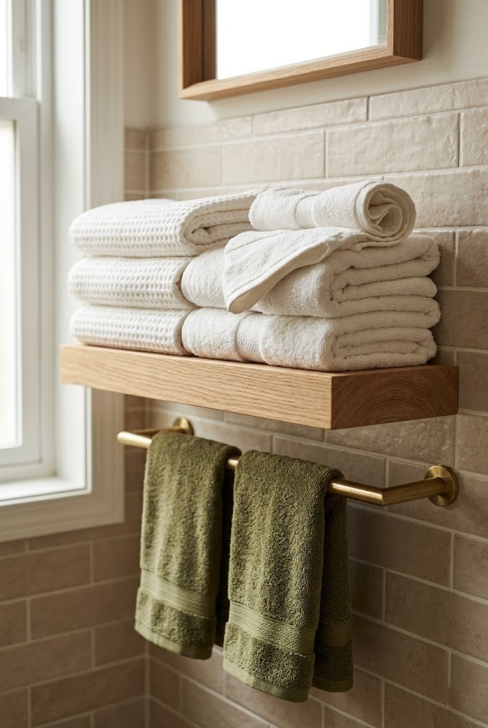 Warm white towels with olive accent hand towels folded on a shelf in a beige bathroom