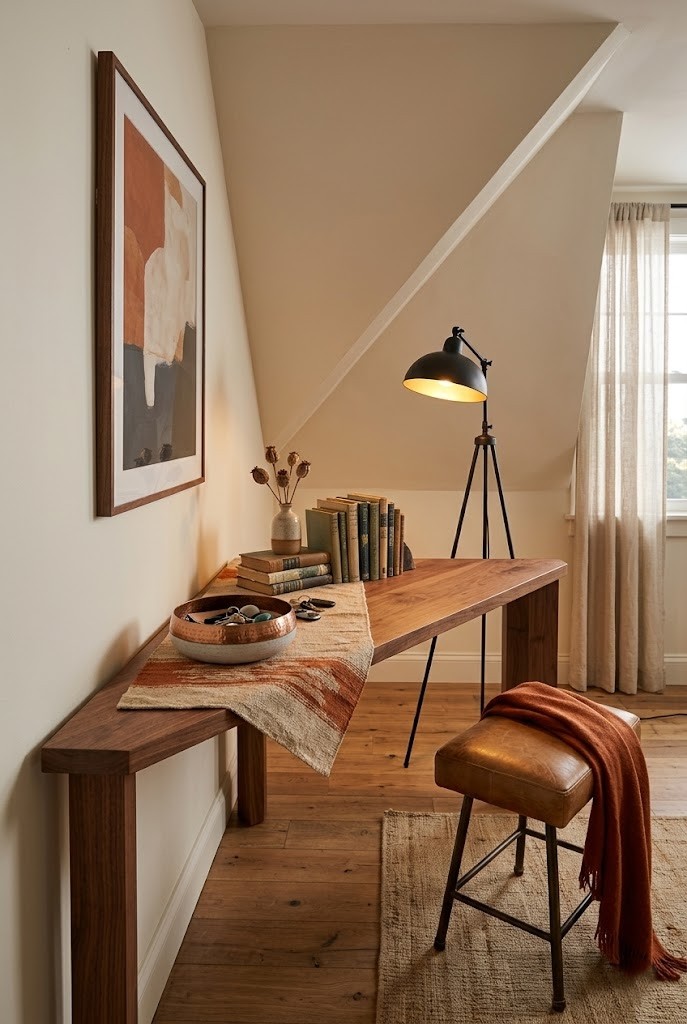 Triangular console and tripod floor lamp fitted to an angled living room corner