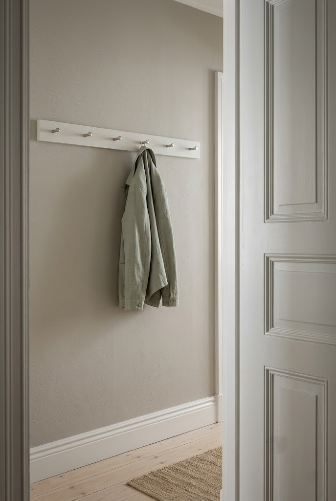 Peg rail painted to match white trim so it disappears in a narrow hallway