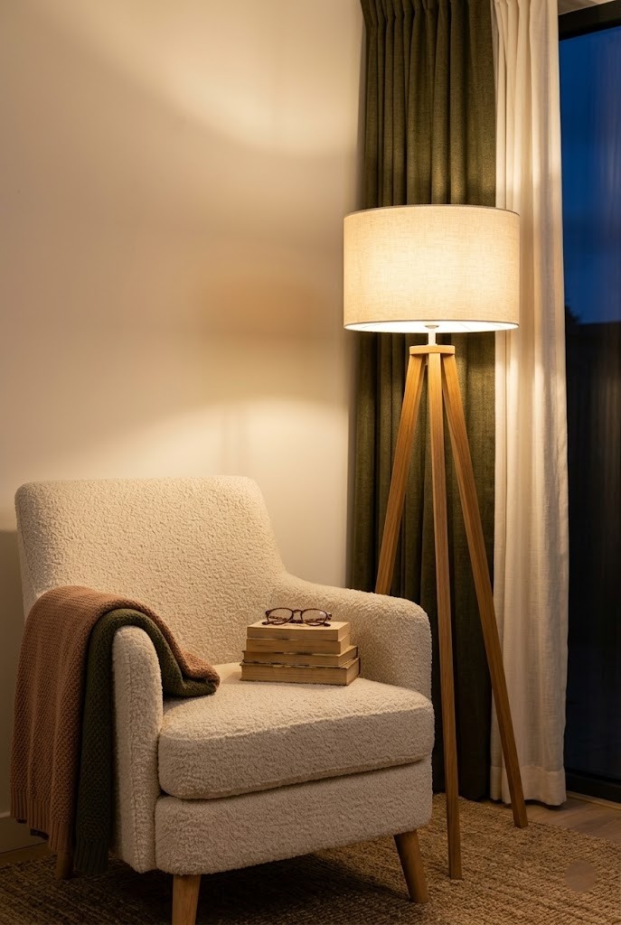 Tripod floor lamp lighting a cozy reading armchair after dark