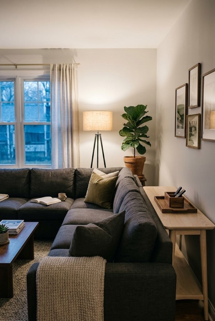Tripod floor lamp and console behind a grey sectional sofa