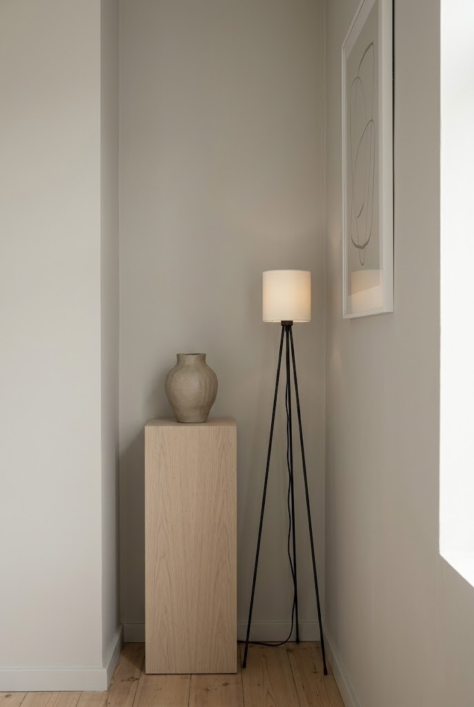 Skinny tripod floor lamp and pedestal in a tight narrow living room corner