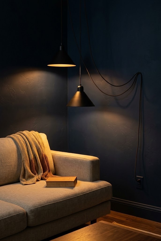 Two plug-in pendants at staggered heights casting warm pools over the end of a sofa in the dark