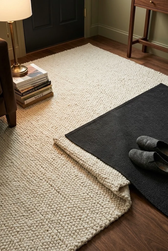 Small dark entry mat layered over the corner of a larger living room rug