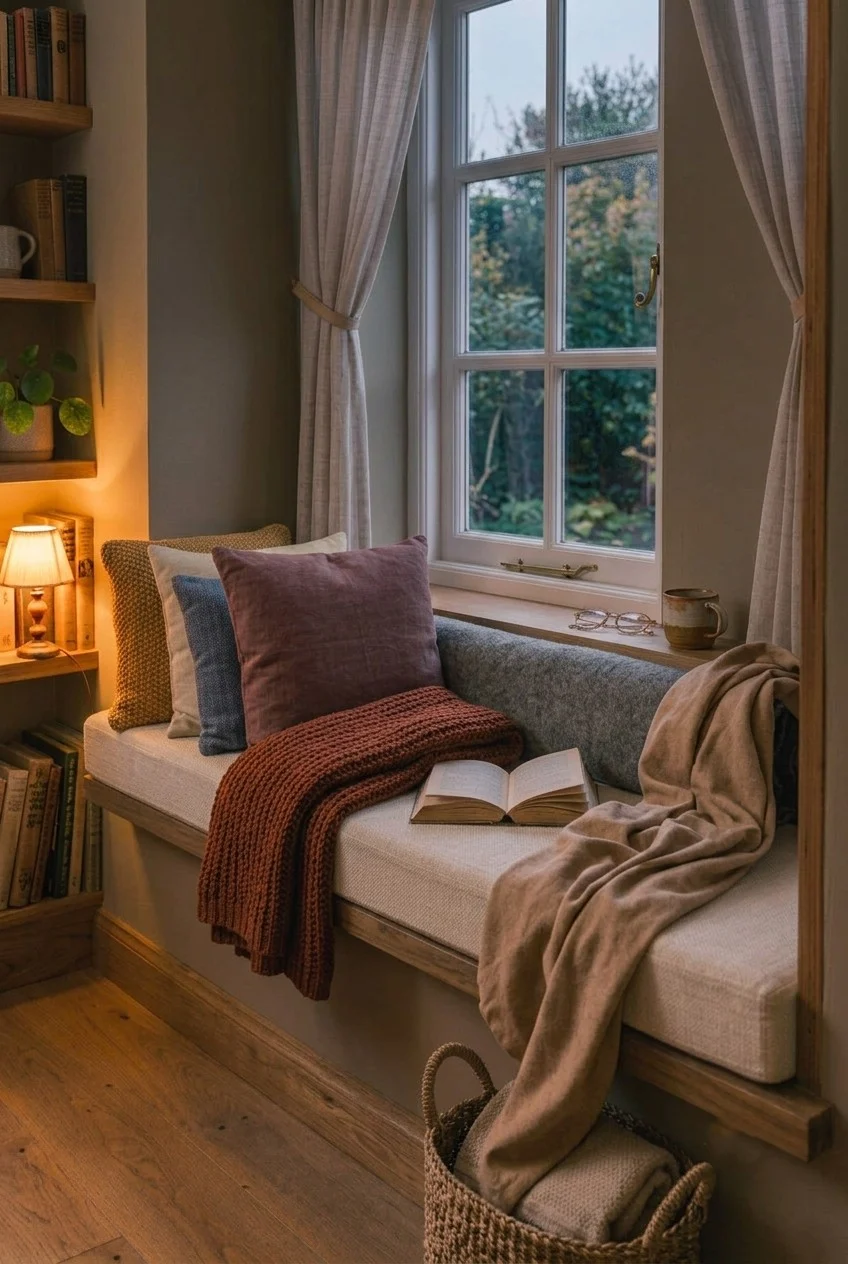 Window seat layered with a light flannel throw and a heavier knit throw for evening