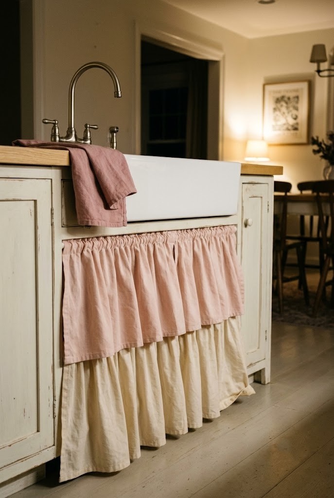 Two tier ruffle kitchen sink skirt made from an old bed skirt in soft blush and cream