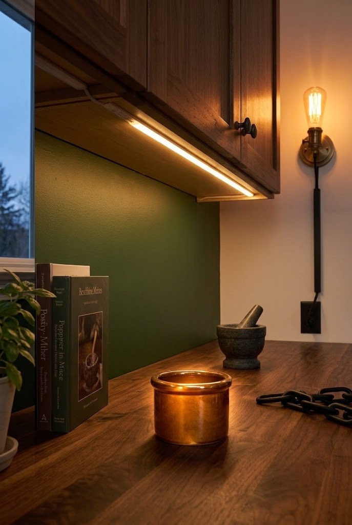 Dark cottagecore kitchen with warm stick-on under-cabinet lighting on the backsplash