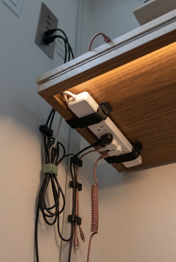 Surge strip mounted under a closet desk to keep cords off the floor