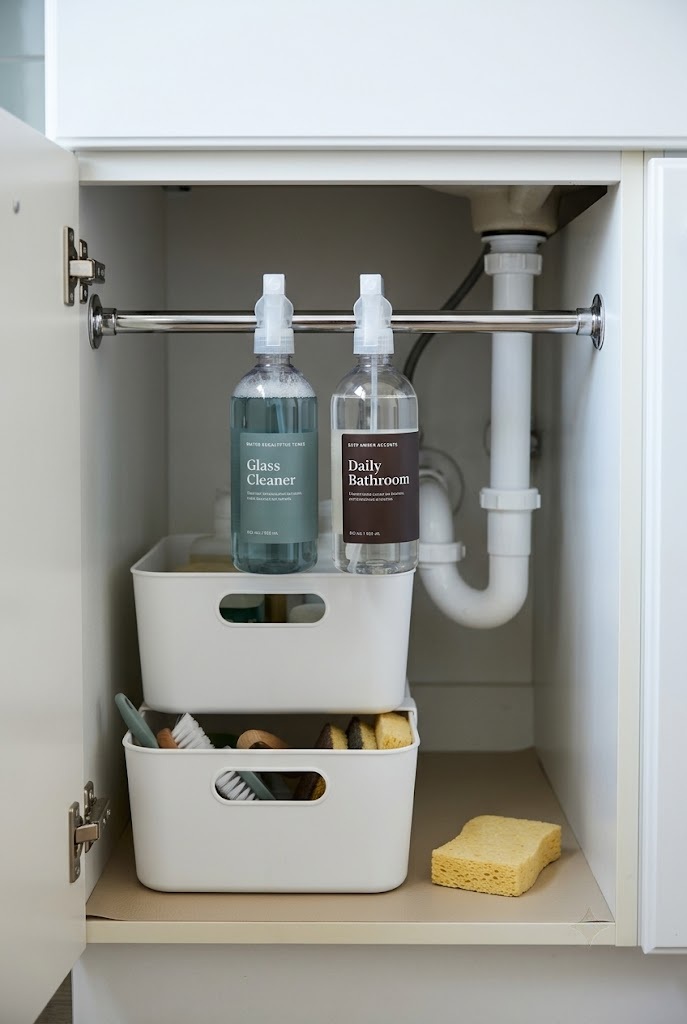 Tension rod and bins organizing an under-sink bathroom vanity cabinet without drilling