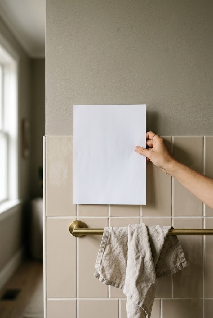 Warm greige paint above almond tile with a white paper undertone test held against the tile