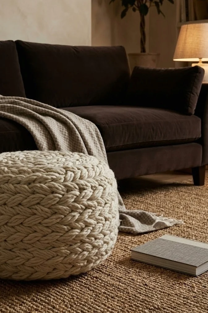 Chunky undyed wool pouf used as a footrest in front of a chocolate sofa