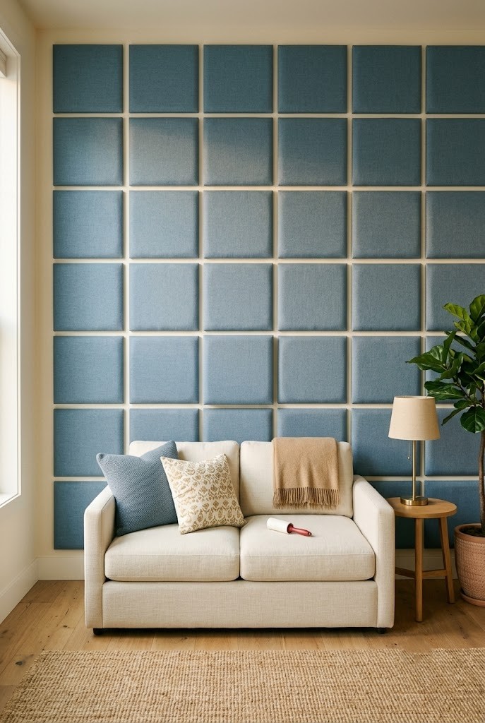 Dusty blue fabric-wrapped foam panels in a grid on a living room wall behind a sofa