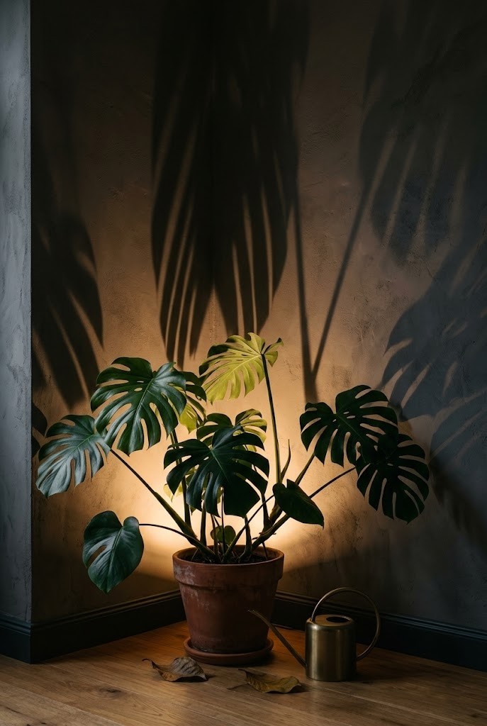 Hidden uplight behind a floor plant throwing warm leaf shadows up a dark living room wall