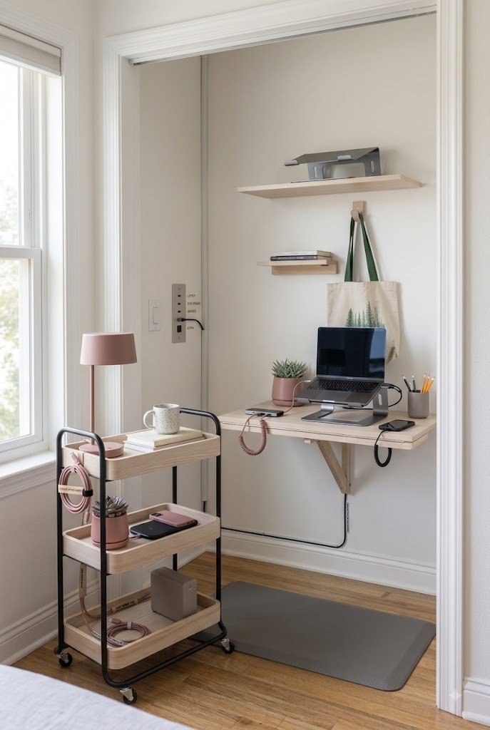 Cordless USB-C closet desk setup charging by the door