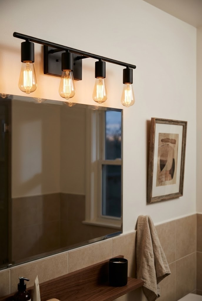 Matte black vanity light fixture above a mirror in a beige tile bathroom at dusk