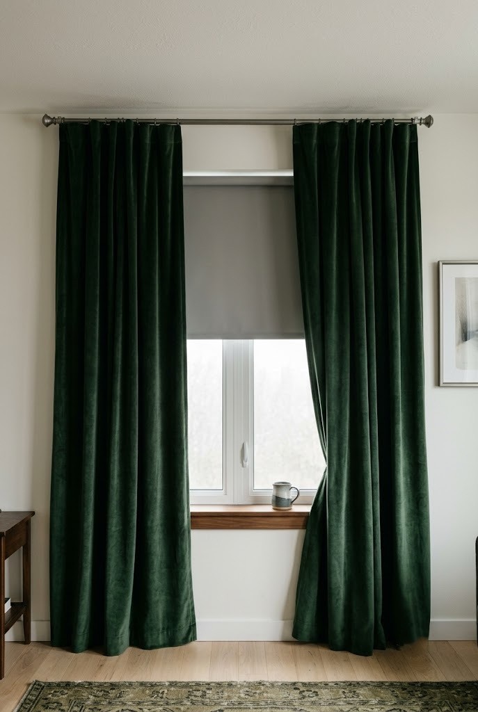 Deep green velvet curtain panels hung ceiling height over a small rental window