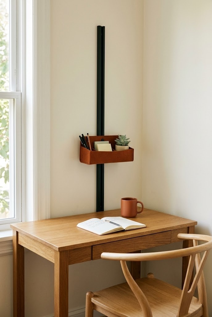 Vertical rail and felt tray keep a small fall office desk clear and organized