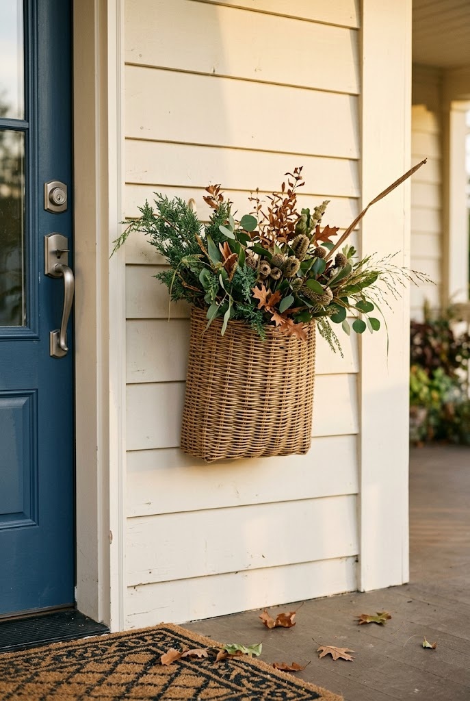 Flat-back woven wall basket of fall greenery hung high beside a front door