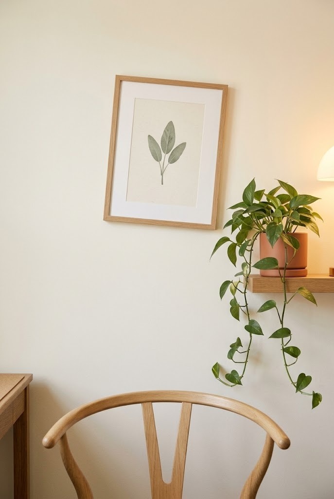 Calm video-call background behind a desk chair with one framed print and soft warm lamp light