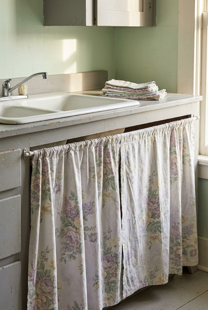 Faded vintage floral bedsheet reused as a cabinet skirt below an old double bowl sink