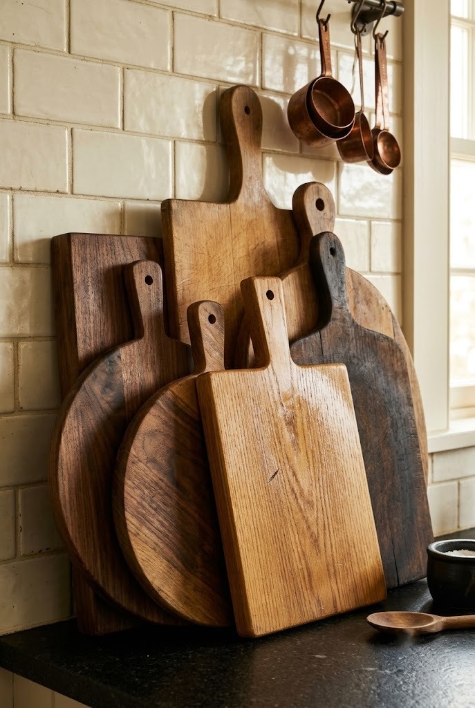 Vintage wooden cutting and bread boards leaned along a cottage kitchen backsplash
