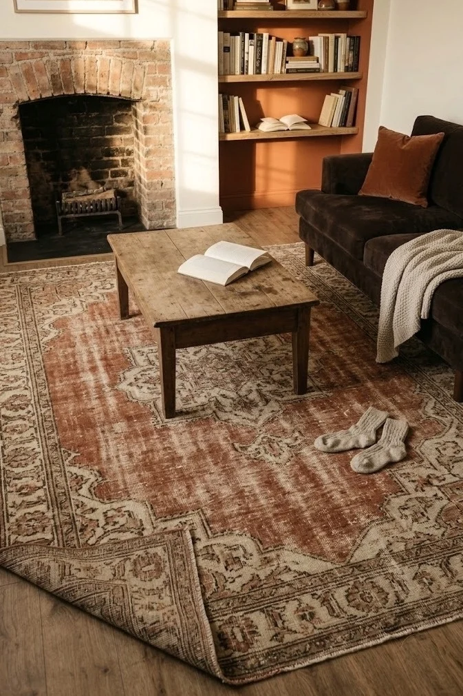 Faded rust and cream vintage rug under a dark brown sofa living room seating group
