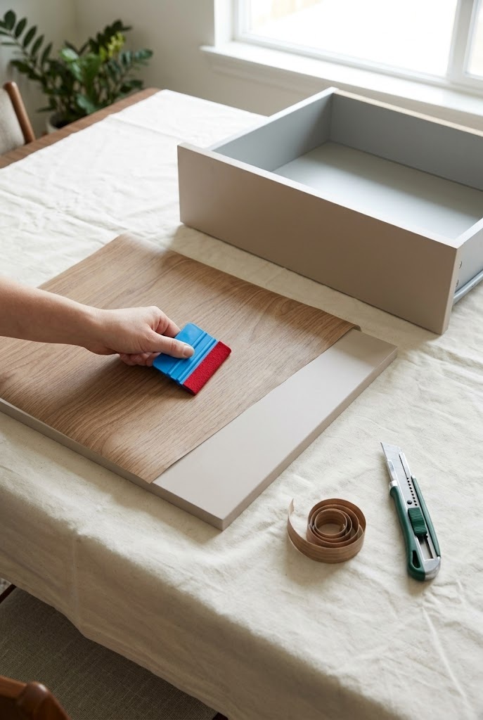 Bathroom vanity drawer front being wrapped in wood-look vinyl on a flat table