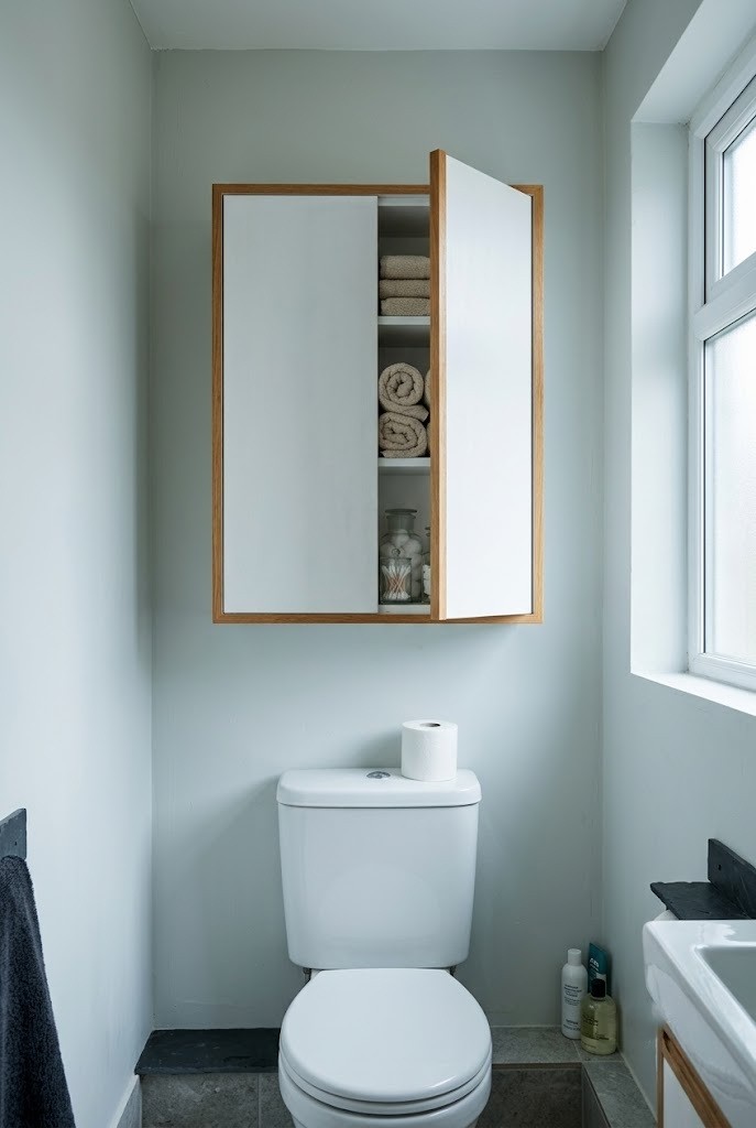 White wall cabinet mounted above the toilet for extra rental bathroom storage