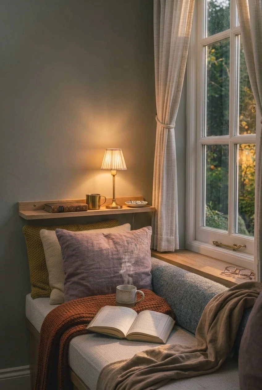 Narrow wall-mounted ledge beside a window seat holding a small lamp and mug at seat height