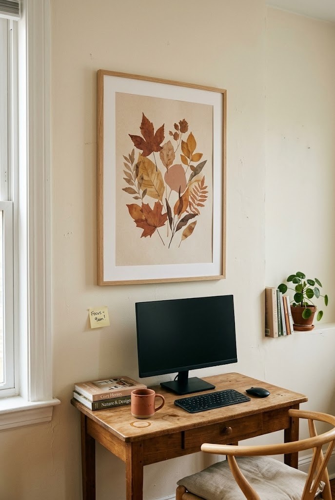 Small home office wall with a warm framed print, fall office decor above a compact desk