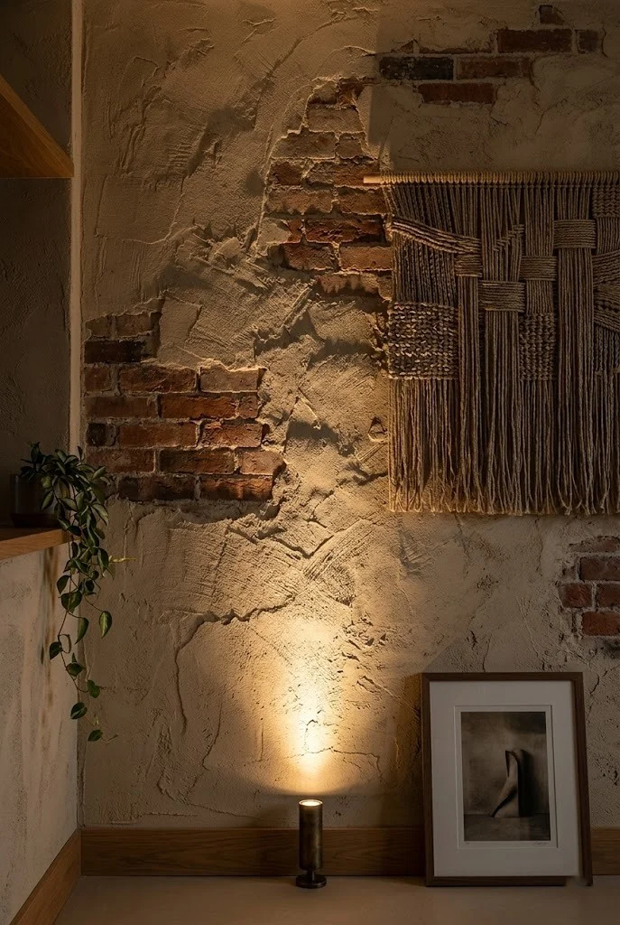 Wall-washer uplight grazing a textured plaster wall to reveal warm relief shadows
