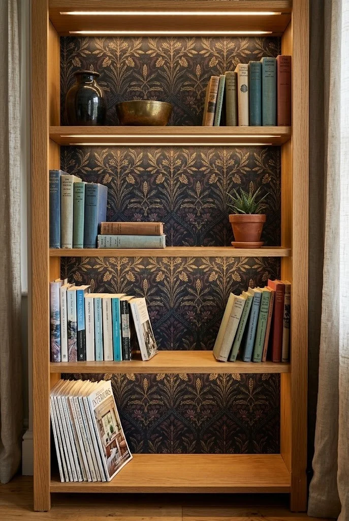 Bookcase back panel lined with dark removable wallpaper behind books
