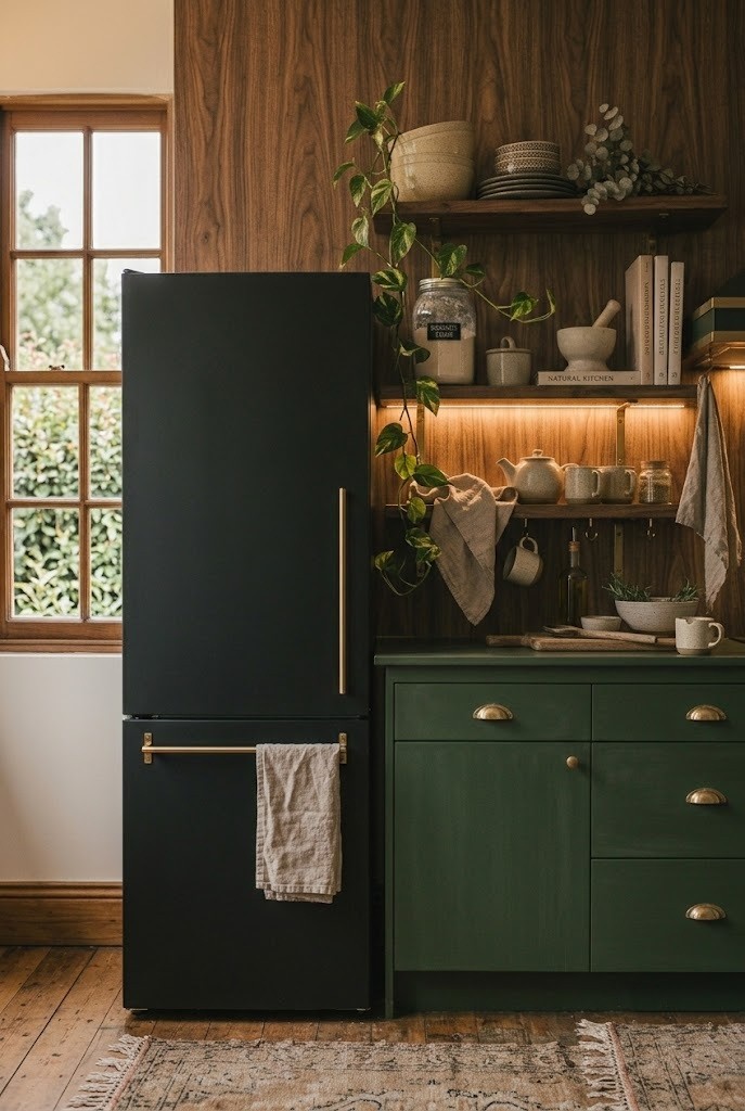 Open kitchen shelves backed with warm walnut wood-grain contact paper holding stoneware