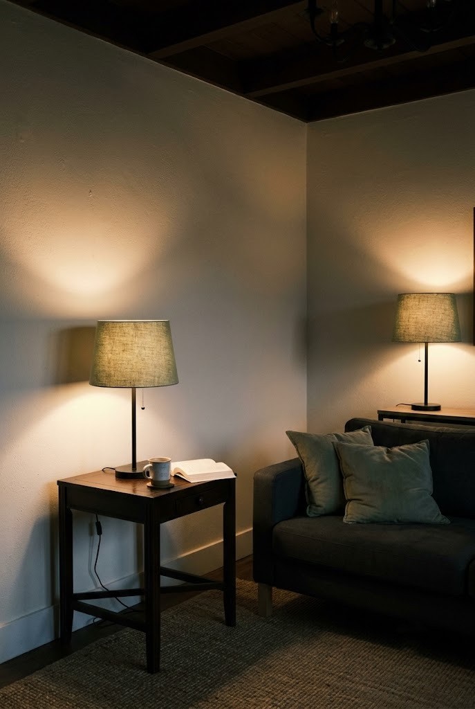 Warm 2700K lamp light in a rental living room with the ceiling light switched off